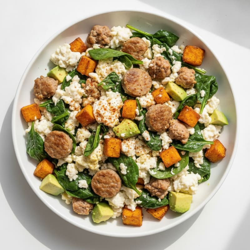 Egg White and Turkey Sausage Scramble with Spinach and Sweet Potato