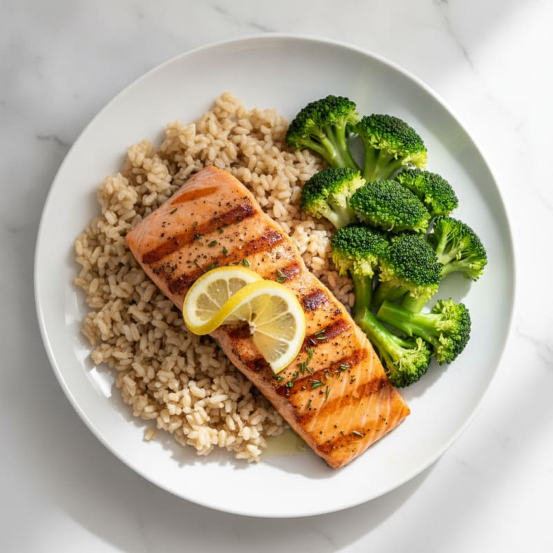 Grilled Salmon with Brown Rice and Steamed Broccoli