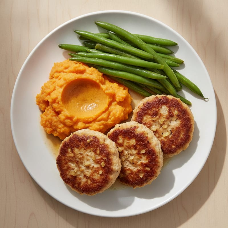 Seared Turkey Patties with Steamed Green Beans and Sweet Potato Mash