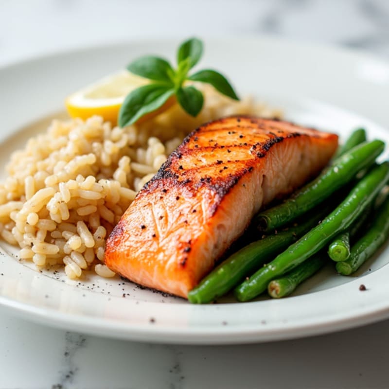 Seared Salmon with Steamed Green Beans and Brown Rice
