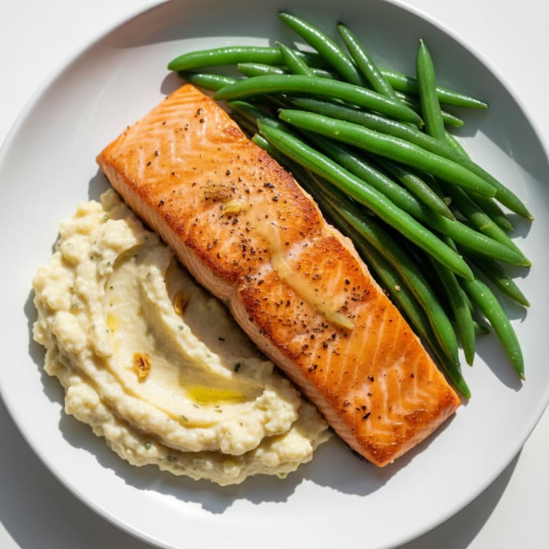 Seared Salmon with Steamed Green Beans and Garlic Mashed Cauliflower