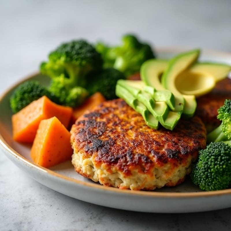 Seared Turkey Patties with Roasted Sweet Potatoes and Broccoli