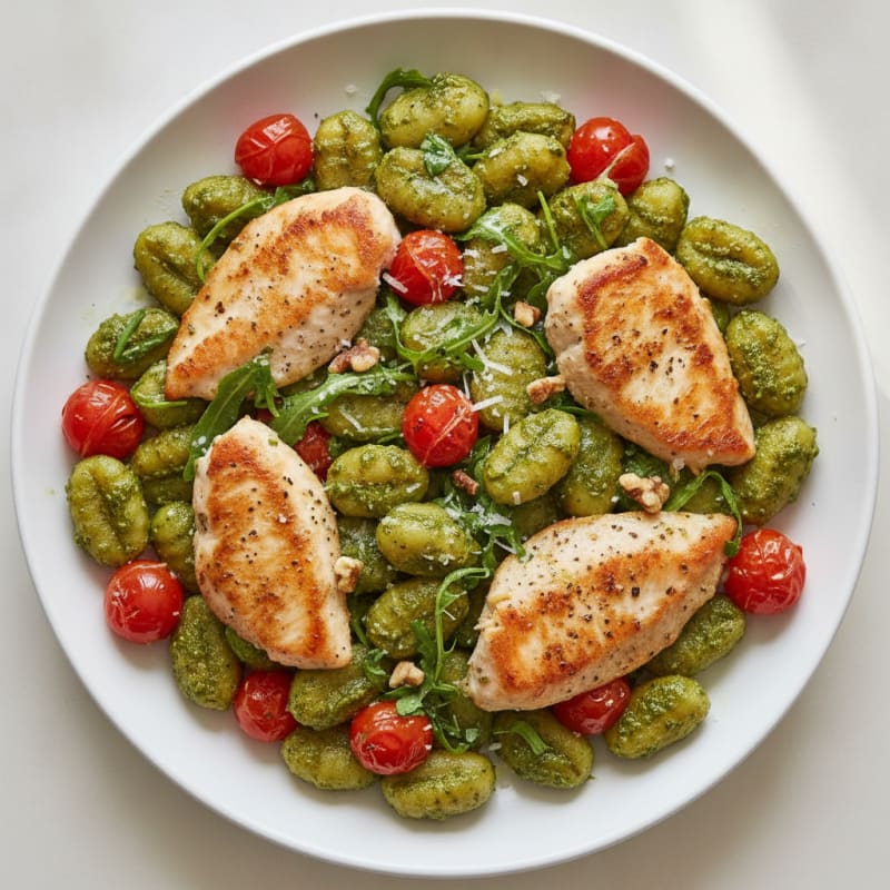 Gnocchi with Arugula Pesto and Cherry Tomatoes