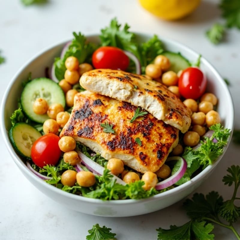 Lemon-Herb Grilled Chicken and Crispy Chickpea Salad Bowl