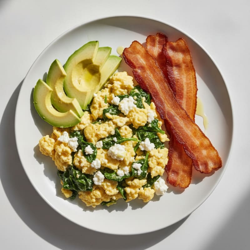 Cottage Cheese Egg Scramble with Spinach and Turkey Bacon