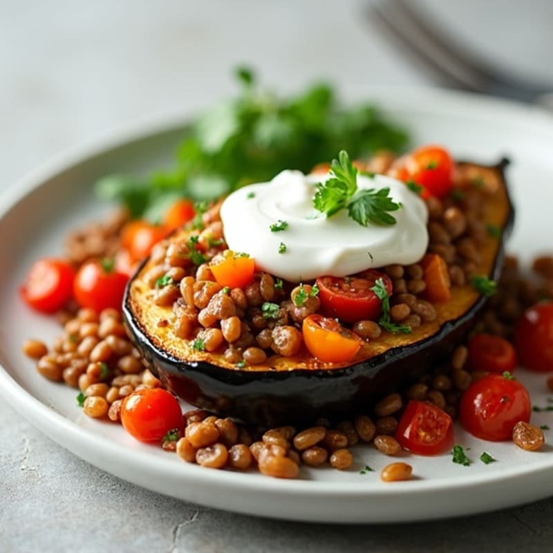 Creamy Lentil Stuffed Roasted Eggplant