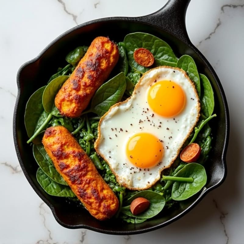Crispy Sweet Potato and Turkey Sausage Skillet with Fresh Greens and Eggs