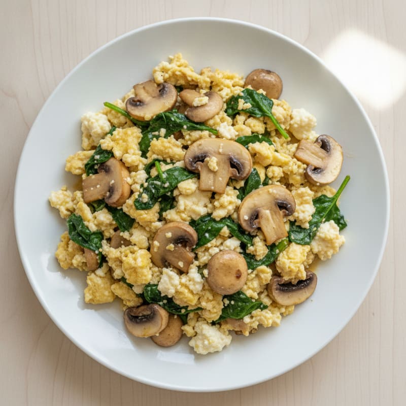 Cottage Cheese and Spinach Egg Scramble with Sautéed Mushrooms