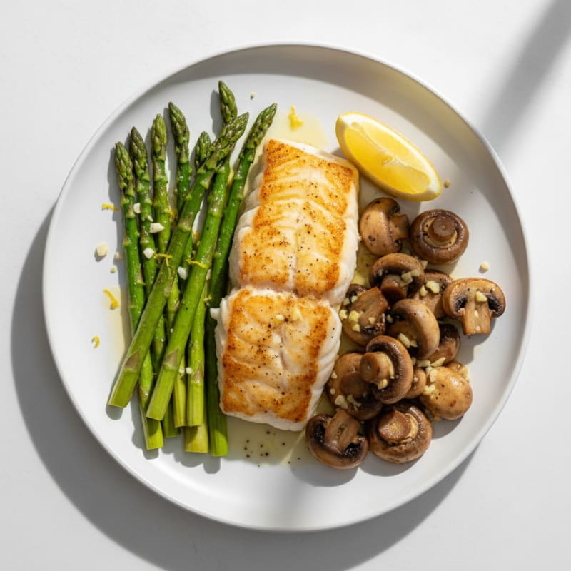 Seared Cod with Roasted Asparagus and Garlic Mushrooms