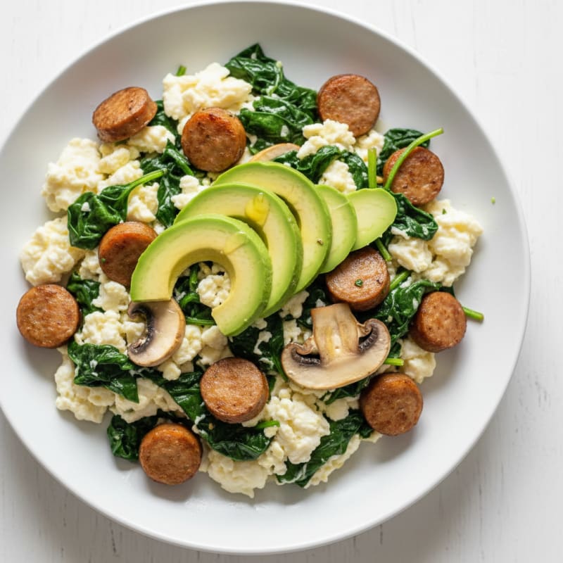 Egg White Spinach Scramble with Turkey Sausage and Sautéed Mushrooms