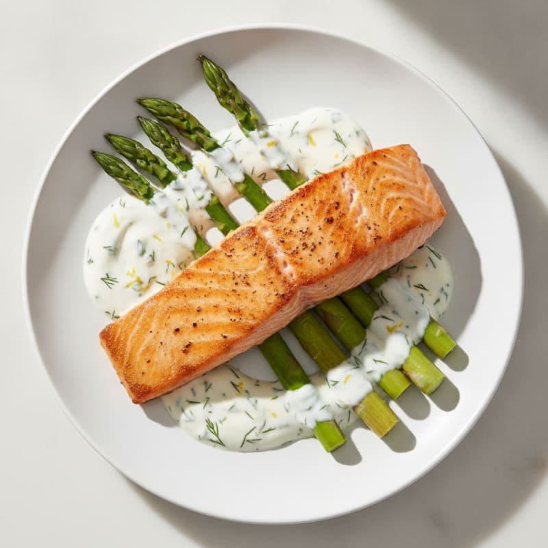 Seared Salmon with Steamed Asparagus and Lemon-Dill Greek Yogurt Sauce