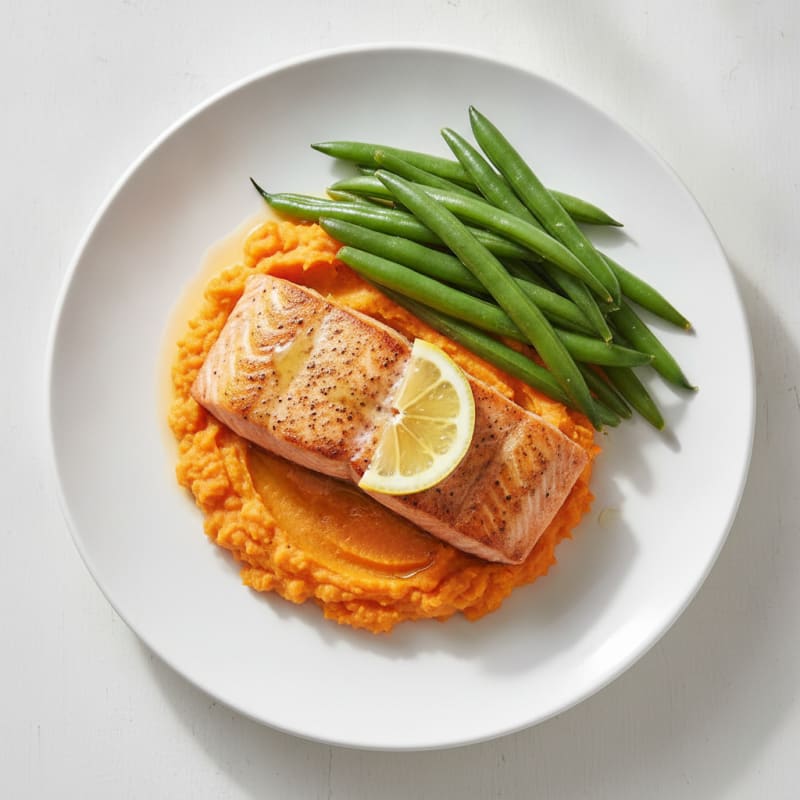Seared Salmon Fillet with Steamed Green Beans and Sweet Potato Mash