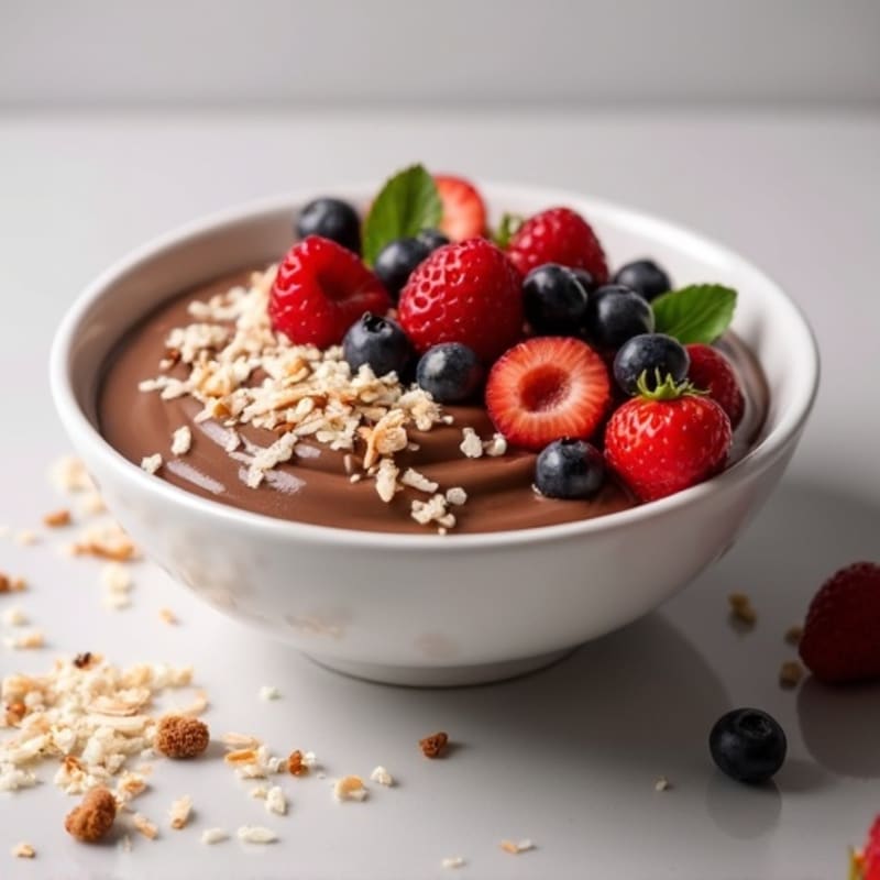 Creamy Chocolate Protein Mousse Bowl with Toasted Coconut and Fresh Berries