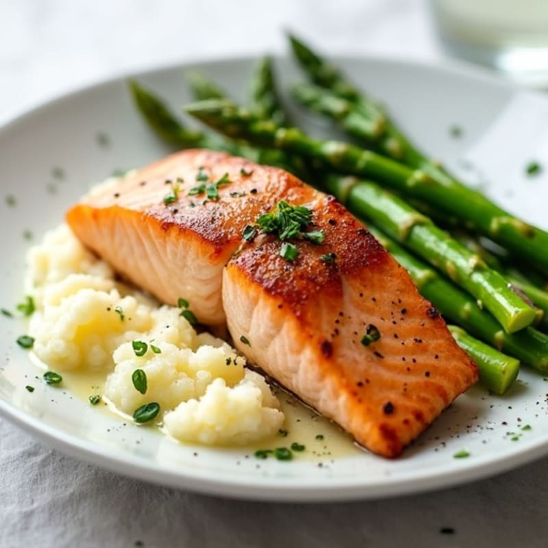 Seared Salmon with Steamed Asparagus and Garlic Mashed Cauliflower