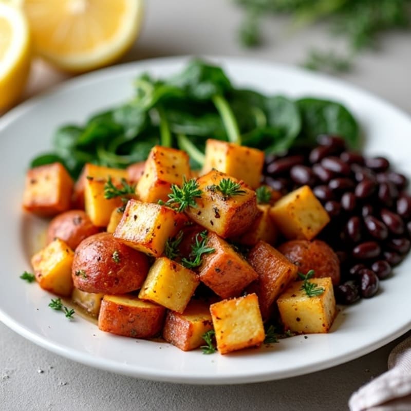 Crispy Lemon-Herb Roasted Potatoes with Black Beans and Sautéed Greens and Tofu