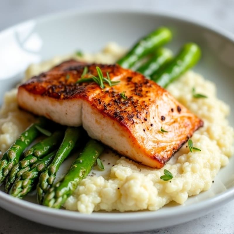 Seared Salmon with Steamed Asparagus and Garlic Cauliflower Mash