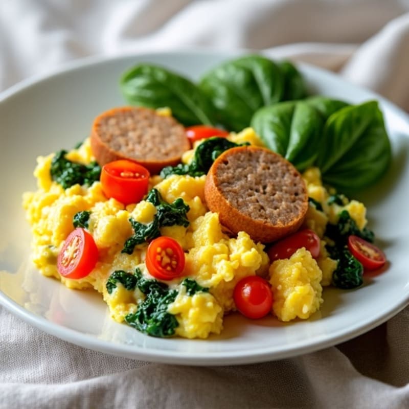 Egg White and Turkey Sausage Scramble with Spinach and Tomatoes