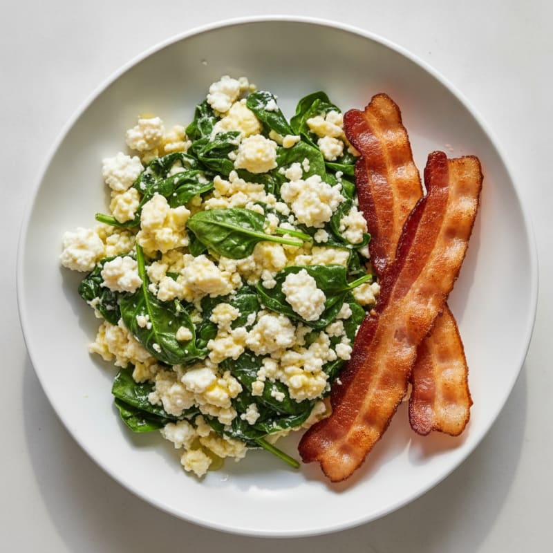 Cottage Cheese Egg White Scramble with Spinach and Turkey Bacon