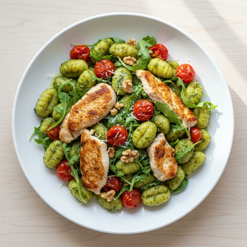 Gnocchi with Arugula Pesto and Cherry Tomatoes