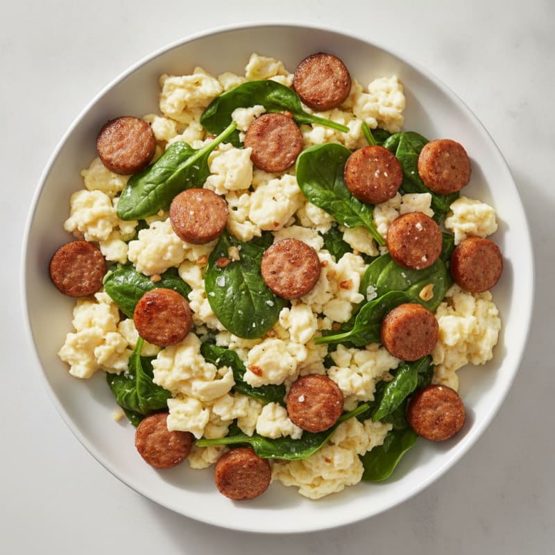 Egg White and Turkey Sausage Scramble with Sautéed Spinach