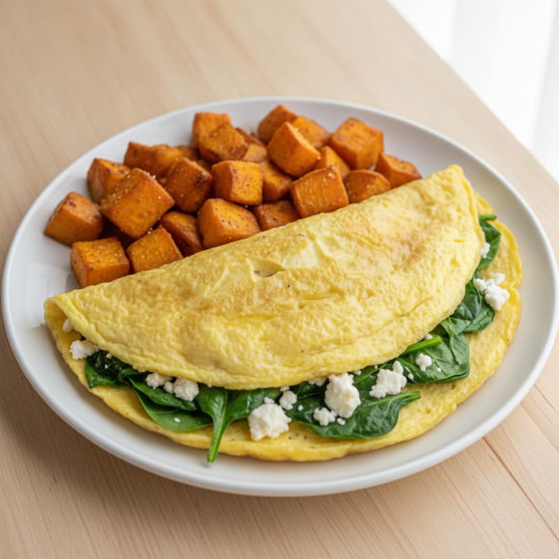 Spinach and Feta Egg White Omelette with Roasted Sweet Potatoes