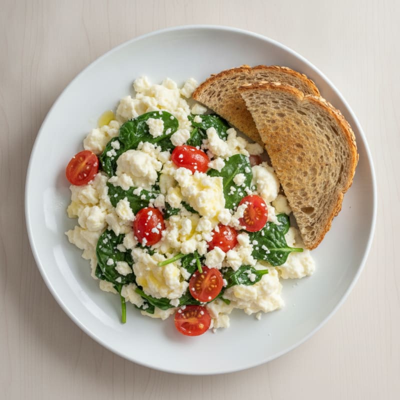 Egg White and Spinach Scramble with Feta and Cherry Tomatoes