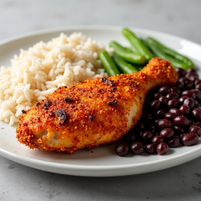 Crispy Spiced Chicken with Black Beans and Steamed Rice