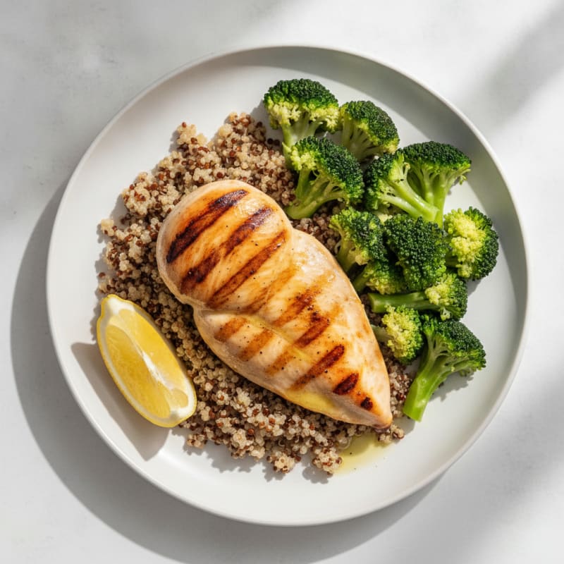 Grilled Chicken Breast with Steamed Broccoli and Quinoa