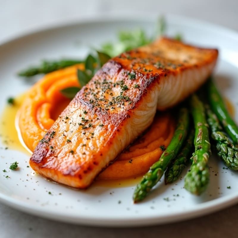 Seared Salmon with Steamed Asparagus and Sweet Potato Mash
