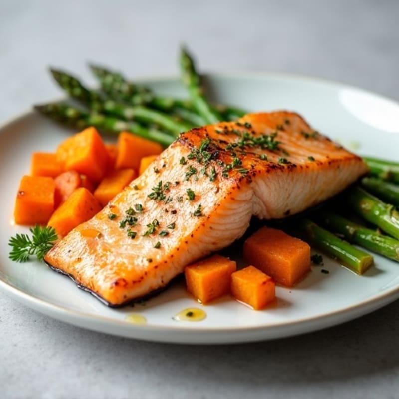 Seared Salmon Fillet with Roasted Sweet Potatoes and Asparagus