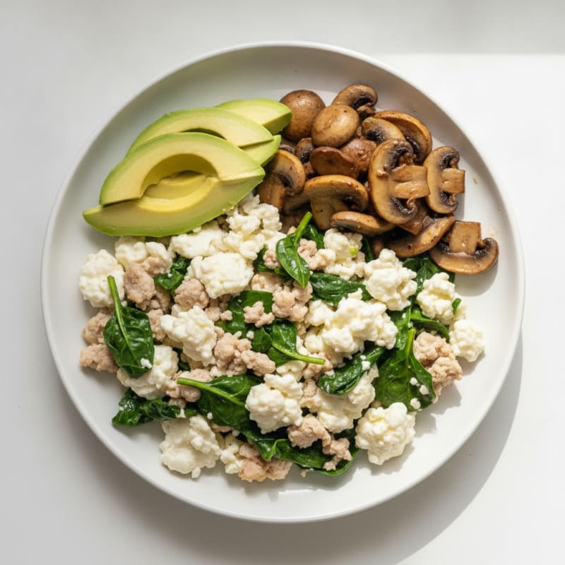 Egg White and Turkey Spinach Scramble with Sautéed Mushrooms