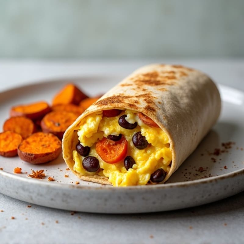 Hearty Egg and Black Bean Breakfast Burrito with Roasted Sweet Potatoes