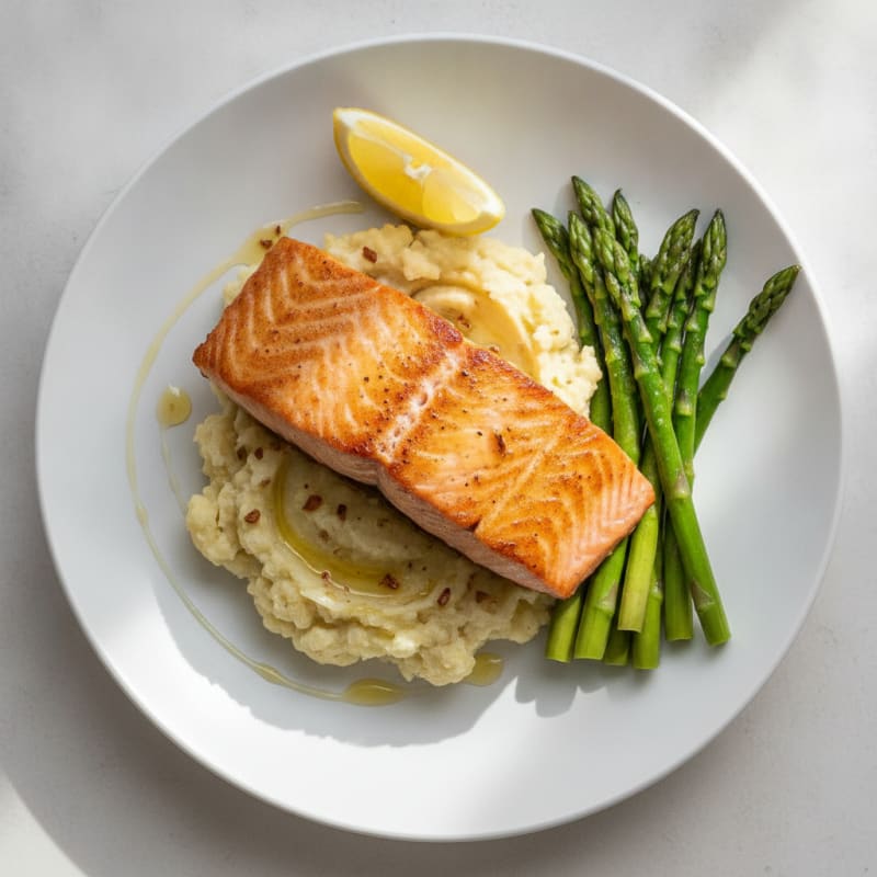 Seared Salmon with Steamed Asparagus and Garlic Mashed Cauliflower