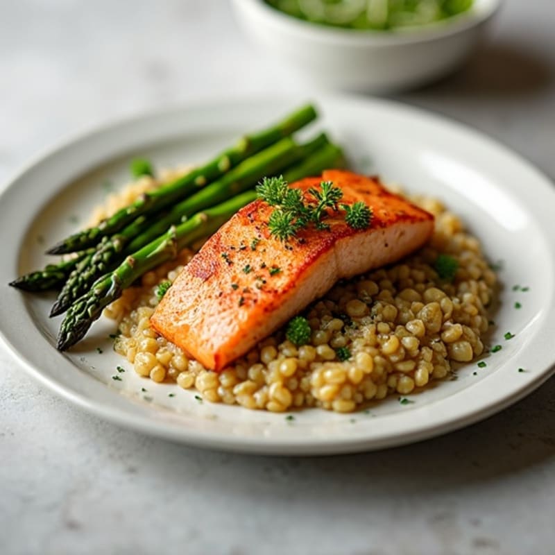 Seared Salmon Fillet with Steamed Asparagus and Lentil Mash