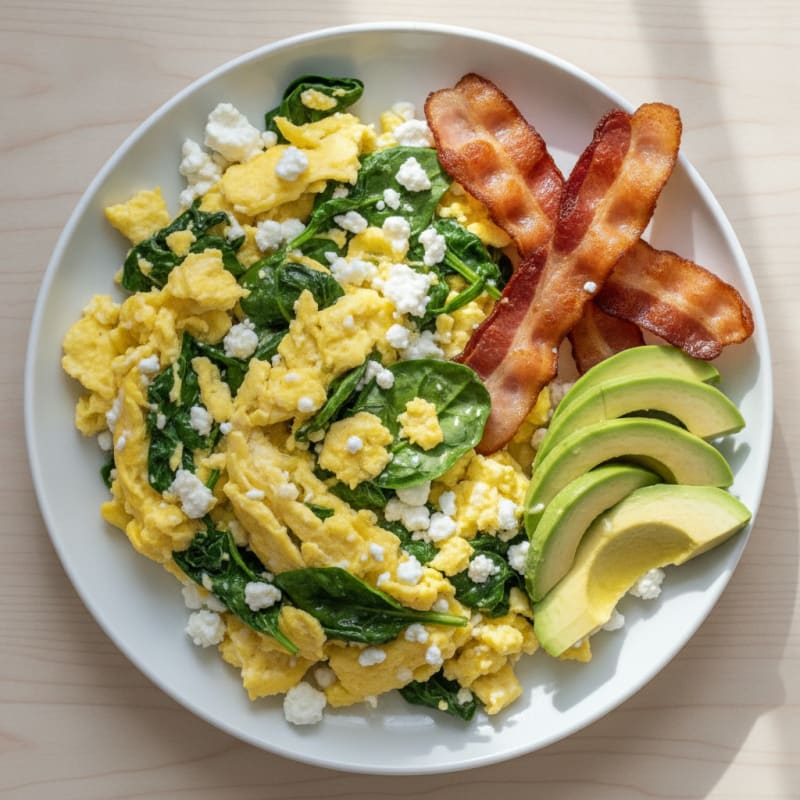 Cottage Cheese and Egg Scramble with Spinach and Turkey Bacon