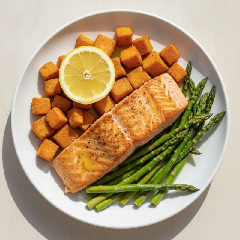 Seared Salmon with Roasted Sweet Potato and Asparagus
