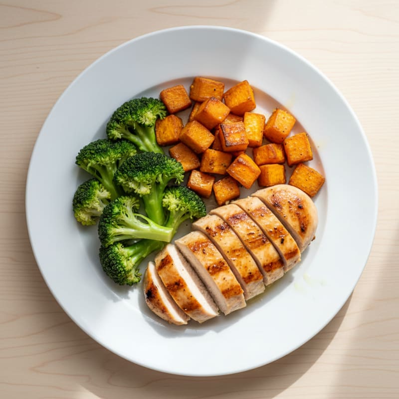 Grilled Chicken Breast with Roasted Sweet Potato and Steamed Broccoli