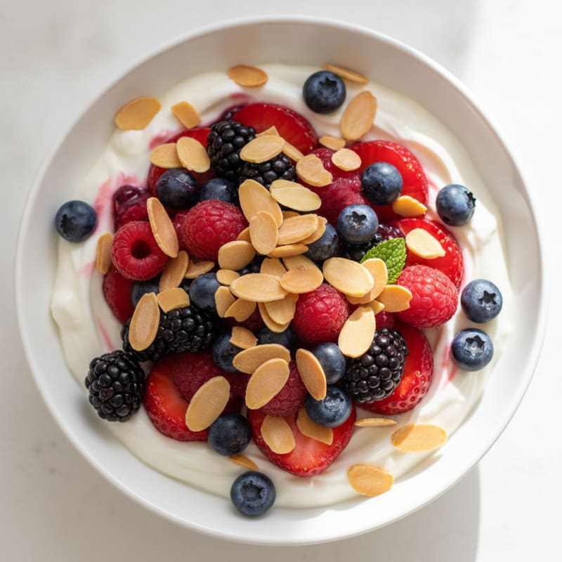 Greek Yogurt Protein Parfait with Mixed Berries and Almonds