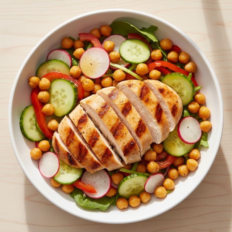 Grilled Chicken Breast Salad with Chickpeas and Crunchy Vegetables