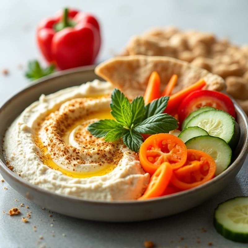 Creamy Hummus with Fresh Crispy Vegetables and Warm Pita