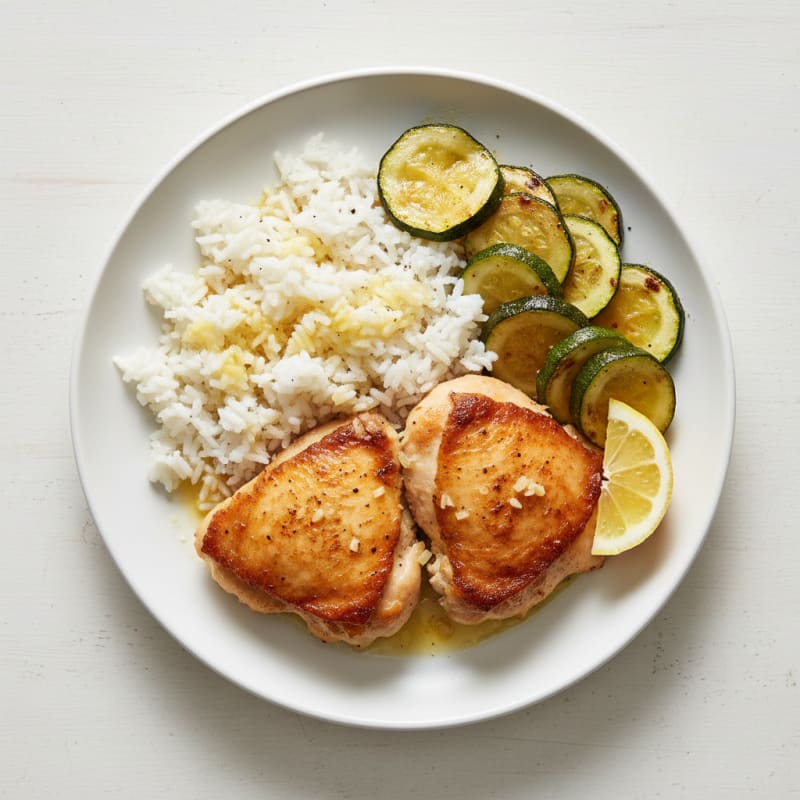 Seared Chicken Thighs with Garlic Rice and Roasted Zucchini