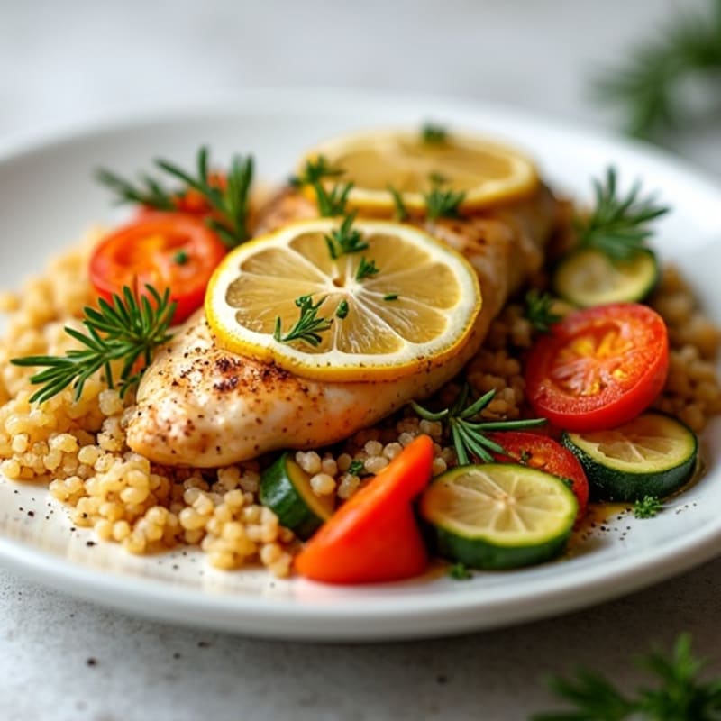 Lemon-Herb Roasted Chicken with Quinoa and Crispy Roasted Vegetables