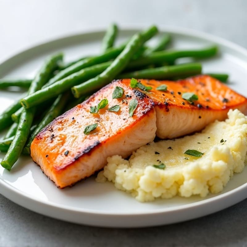 Seared Salmon with Garlic Green Beans and Mashed Cauliflower