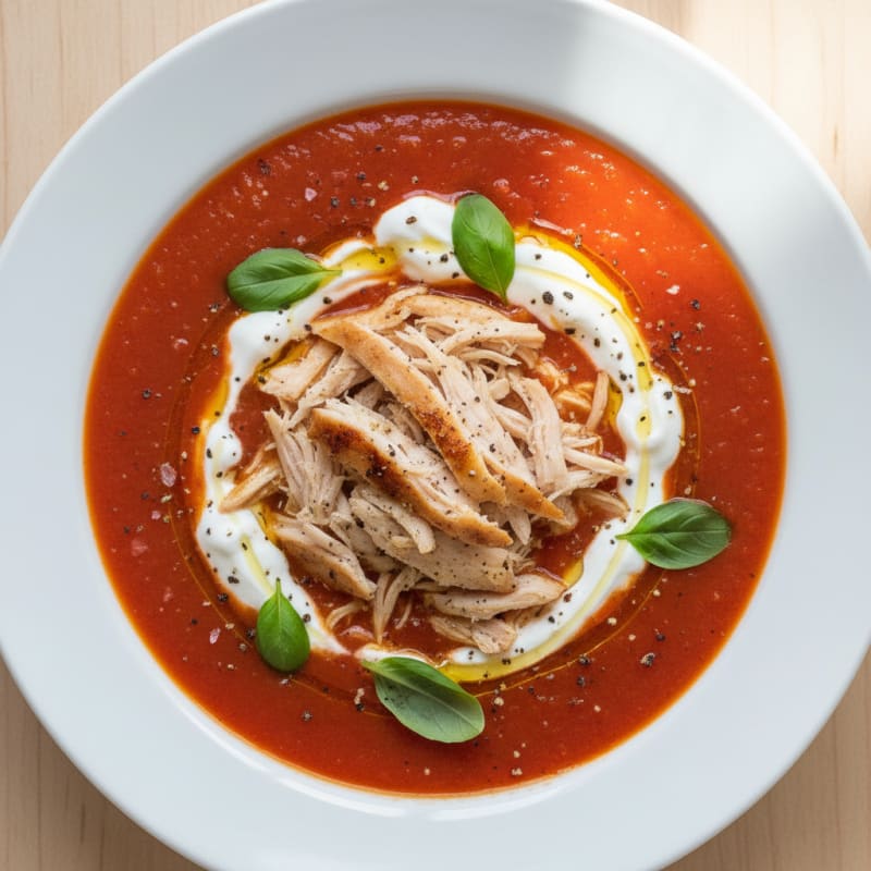 Creamy Roasted Tomato Basil Soup with Shredded Chicken