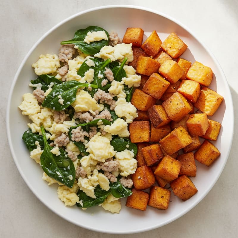 Egg White and Turkey Spinach Scramble with Roasted Sweet Potatoes