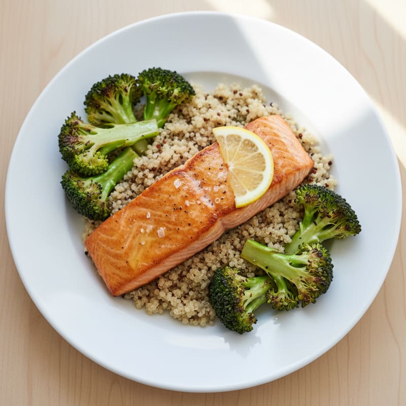 Seared Salmon Fillet with Roasted Broccoli and Quinoa