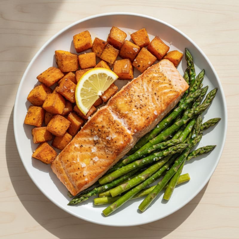 Seared Salmon with Roasted Asparagus and Sweet Potato