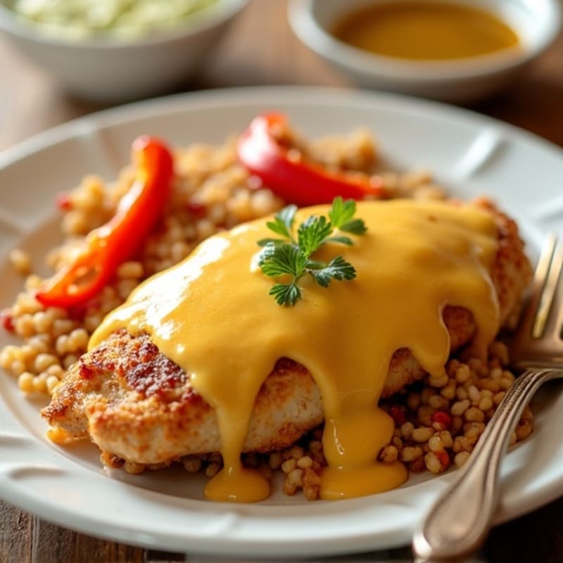 Creamy Queso-Smothered Chicken with Spanish Rice and Roasted Peppers