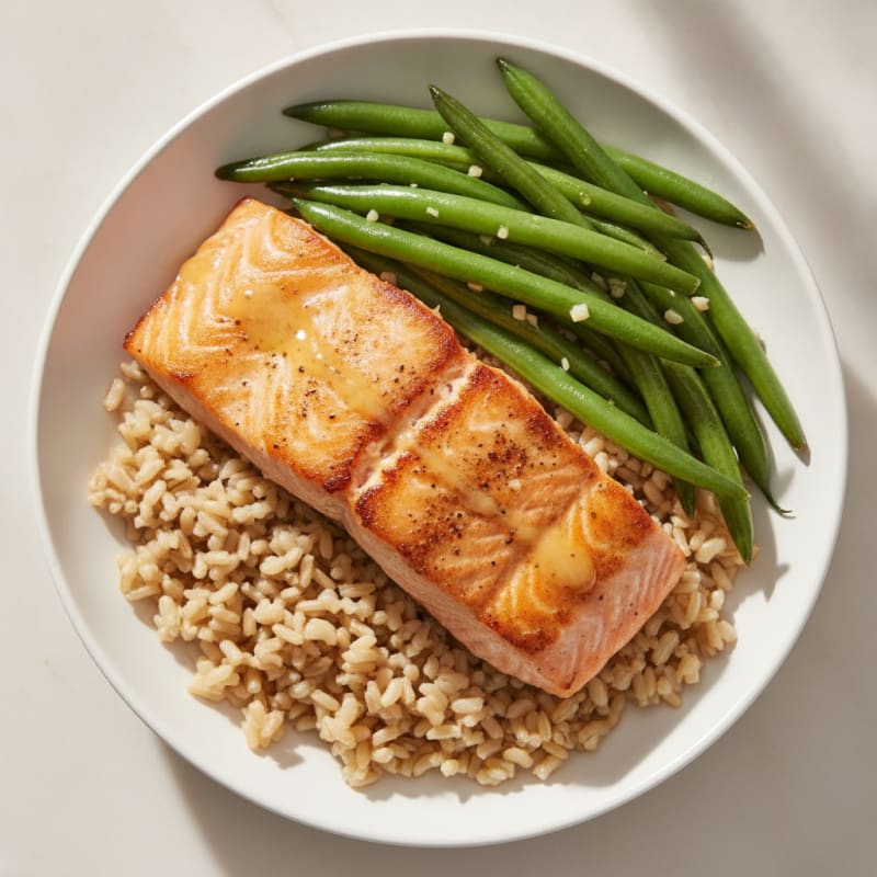 Seared Salmon with Garlic Green Beans and Brown Rice