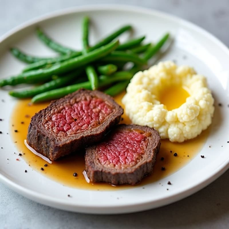 Seared Lean Beef with Steamed Green Beans and Cauliflower Mash